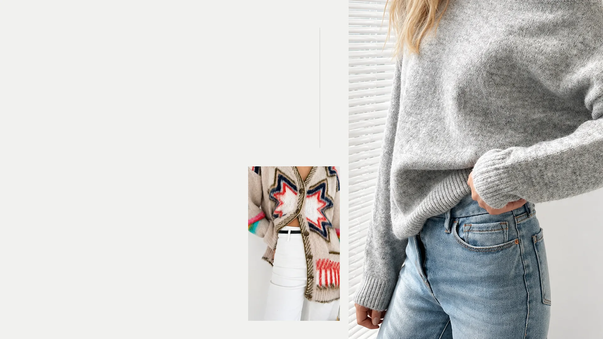 A gray asymmetric knit and a patterned cardigan. Clara Montell editorial composition.